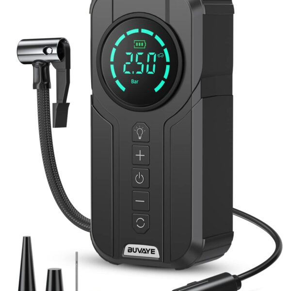 BUVAYE Portable Digital Air Compressor – Rechargeable Tire Inflator with LCD Display & LED Light