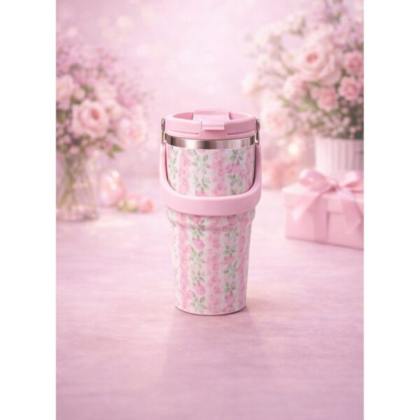 Premium Floral Vacuum Insulated Travel Mug with Handle – Leak-Proof Stainless Steel Coffee Tumbler