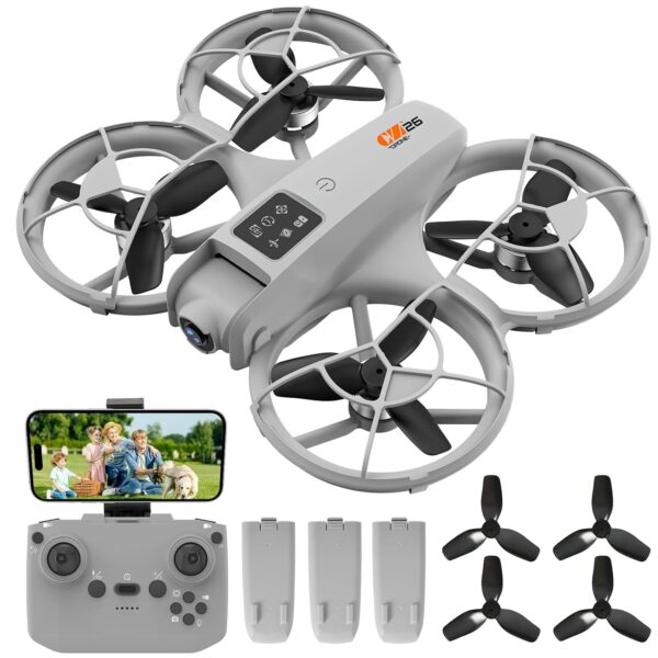 V26 Mini Foldable Camera Drone with Remote Controller, Smartphone Control & Propeller Guards – Grey