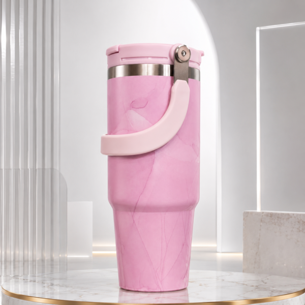 Premium Double-Wall Stainless Steel Vacuum Travel Tumbler with Handle – Pink Marble Insulated Mug
