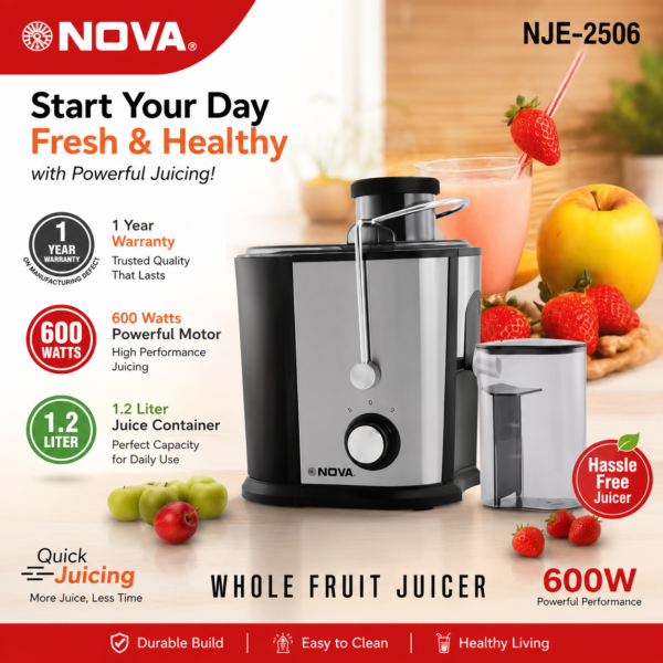NOVA NJE-2506 Whole Fruit Juicer – 600W Electric Juice Extractor with 1.2L Juice Container