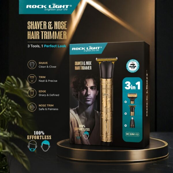ROCK LIGHT 3-in-1 Rechargeable Shaver & Nose Hair Trimmer – Professional Grooming Kit (RC3IN113)