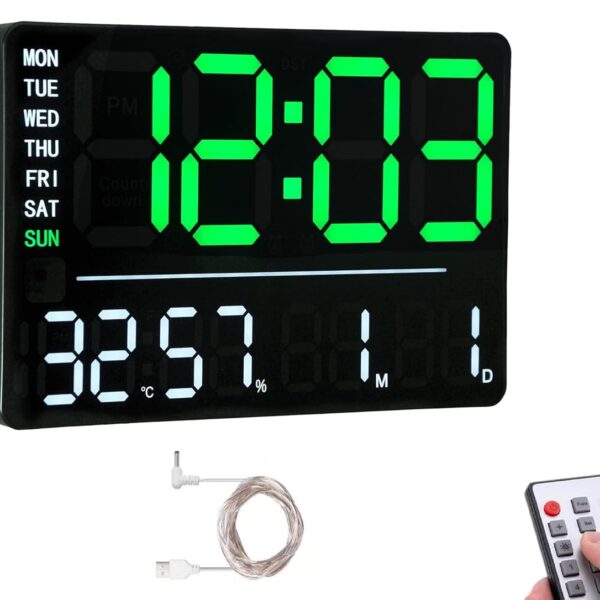 Large LED Digital Wall Clock with Remote Control – Temperature, Humidity, Calendar & Countdown Timer