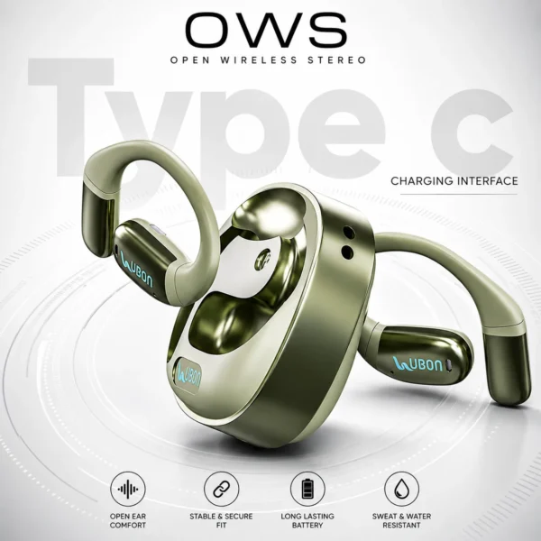 Ubon Bluetooth Wireless OWS J-10 with 36 hours of playtime Bluetooth Headset (Gold, True Wireless)