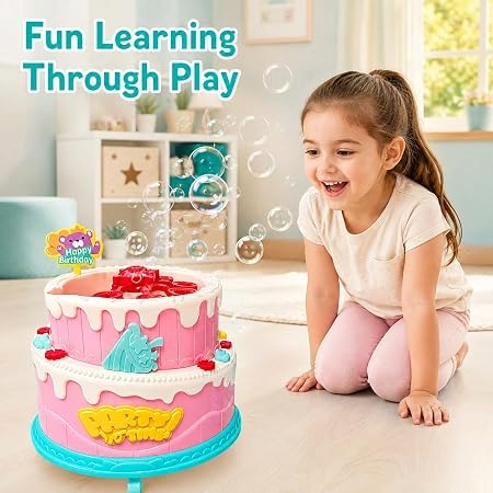 Cake Bubble Toy Set for Kids with Solution and Birthday Playset Machine 2 Bubble Bottles